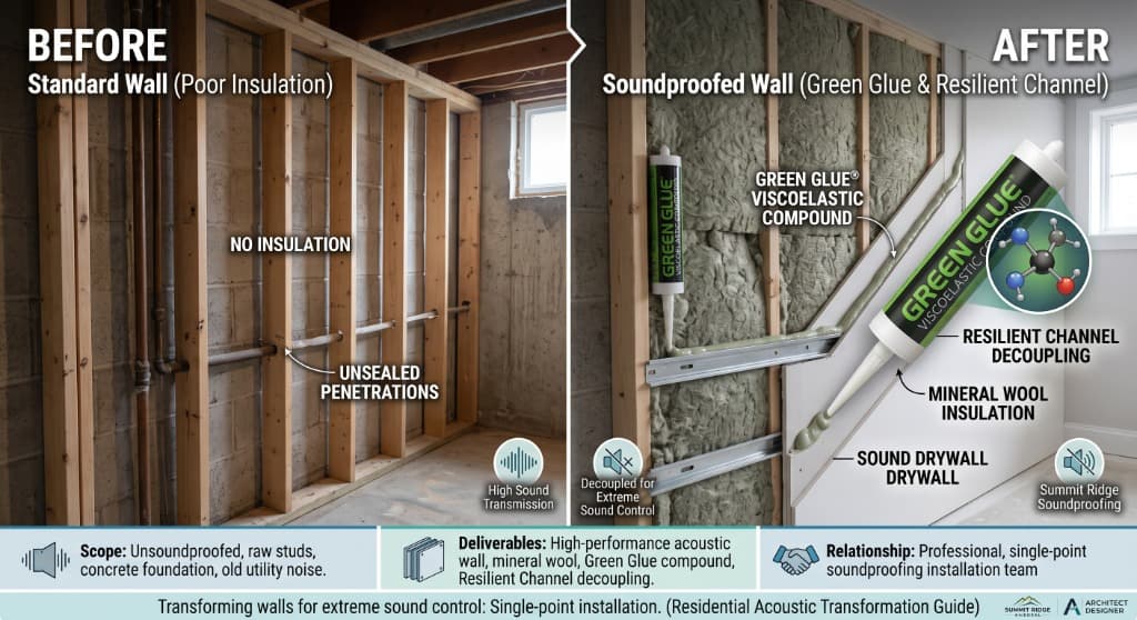 Acoustic Soundproofing Engineering: Green Glue, Resilient Channels & STC 60+ Decoupling