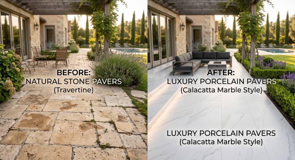Luxury Outdoor Living: 2cm Porcelain Pavers vs. Natural Travertine & Limestone